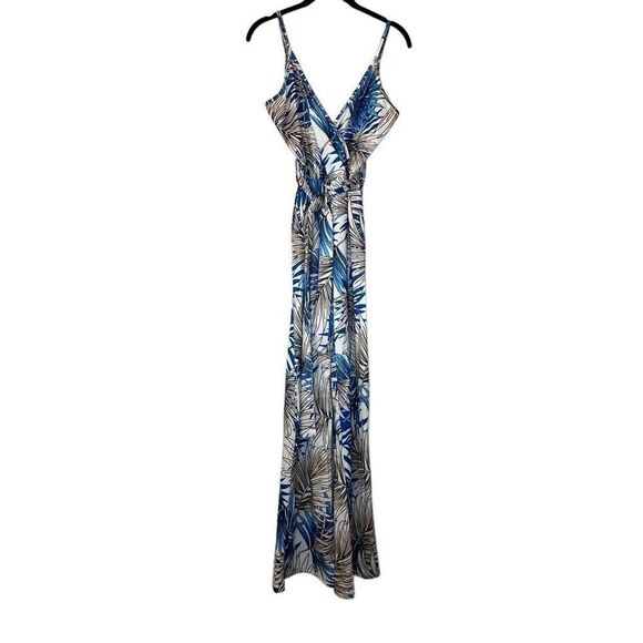 NWOT Soho Chic Palm Leaf Print Straight Leg One Piece Jumpsuit Blue White Small - Picture 2 of 4